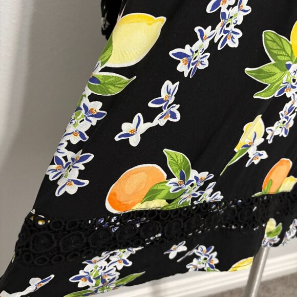 Crown & Ivy XL Black Citrus Lemons Oranges Boho Dress Pom Trim Crochet Rayon - Picture 5 of 15